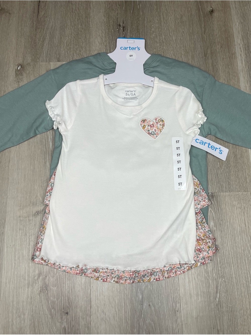 Carter’s 5T 3-Piece Set – Sage Green Long Sleeve + Heart Top + Floral Skort